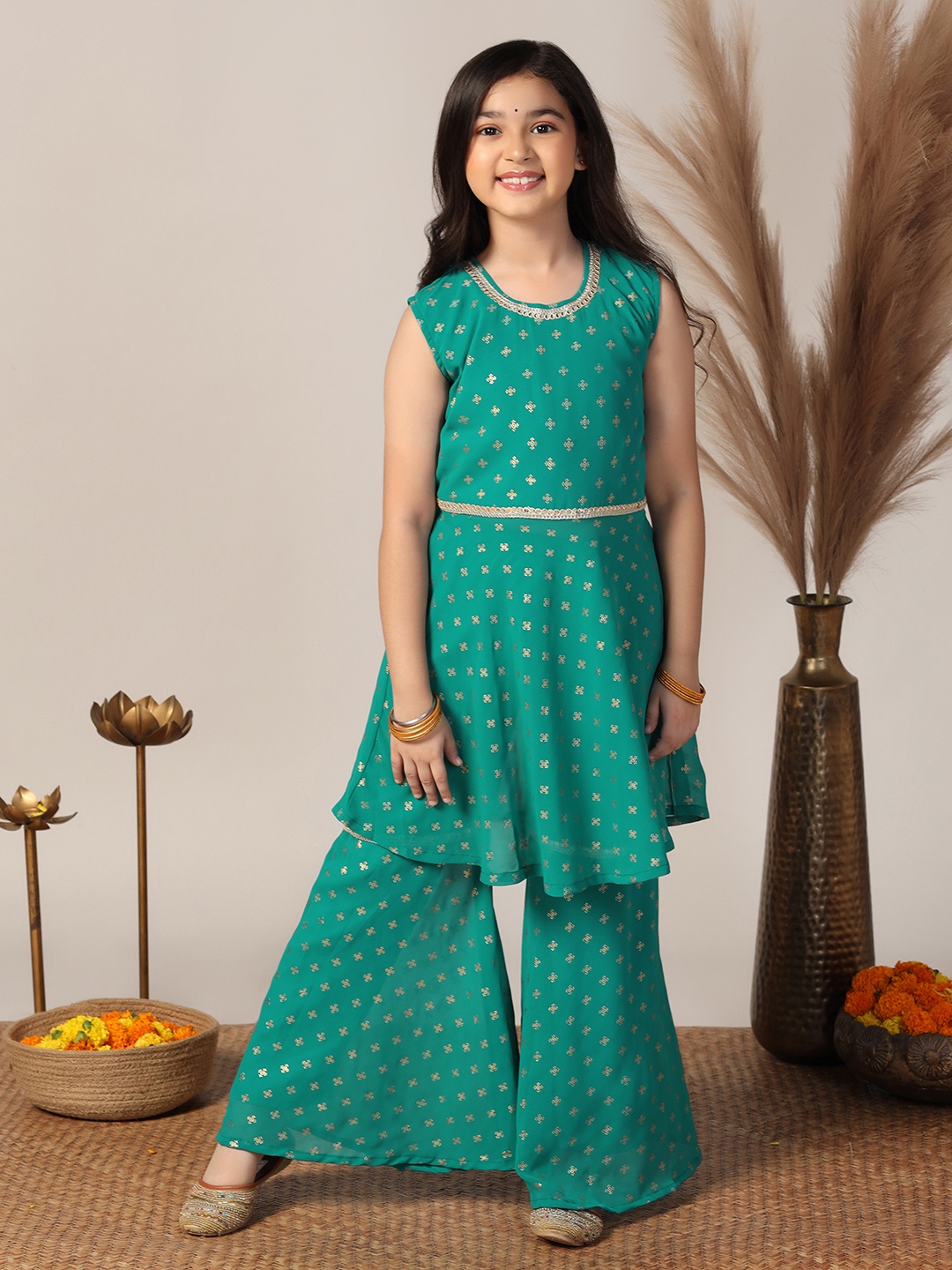 

Sangria Girls Teal Floral Printed Round Neck A-Line Georgette Kurta With Sharara
