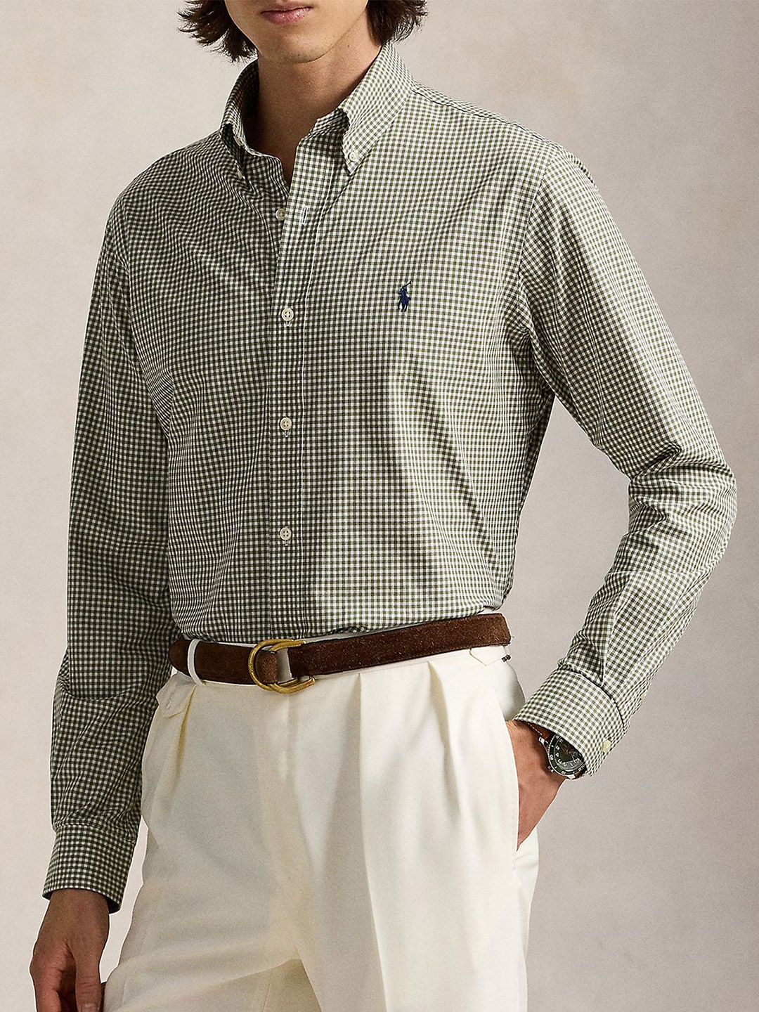 

Polo Ralph Lauren Men Button-Down Collar Micro Checked Cotton Casual Shirt, Green