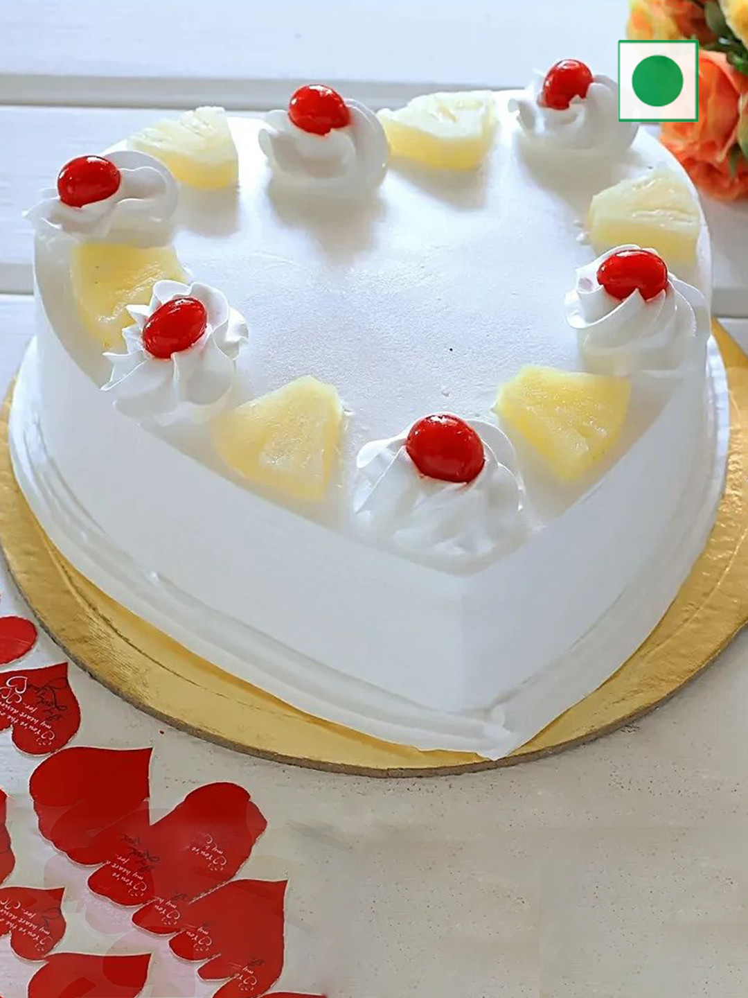 

fnp Pineapple Flavor Eggless Heart Shape Cake - 1Kg, White