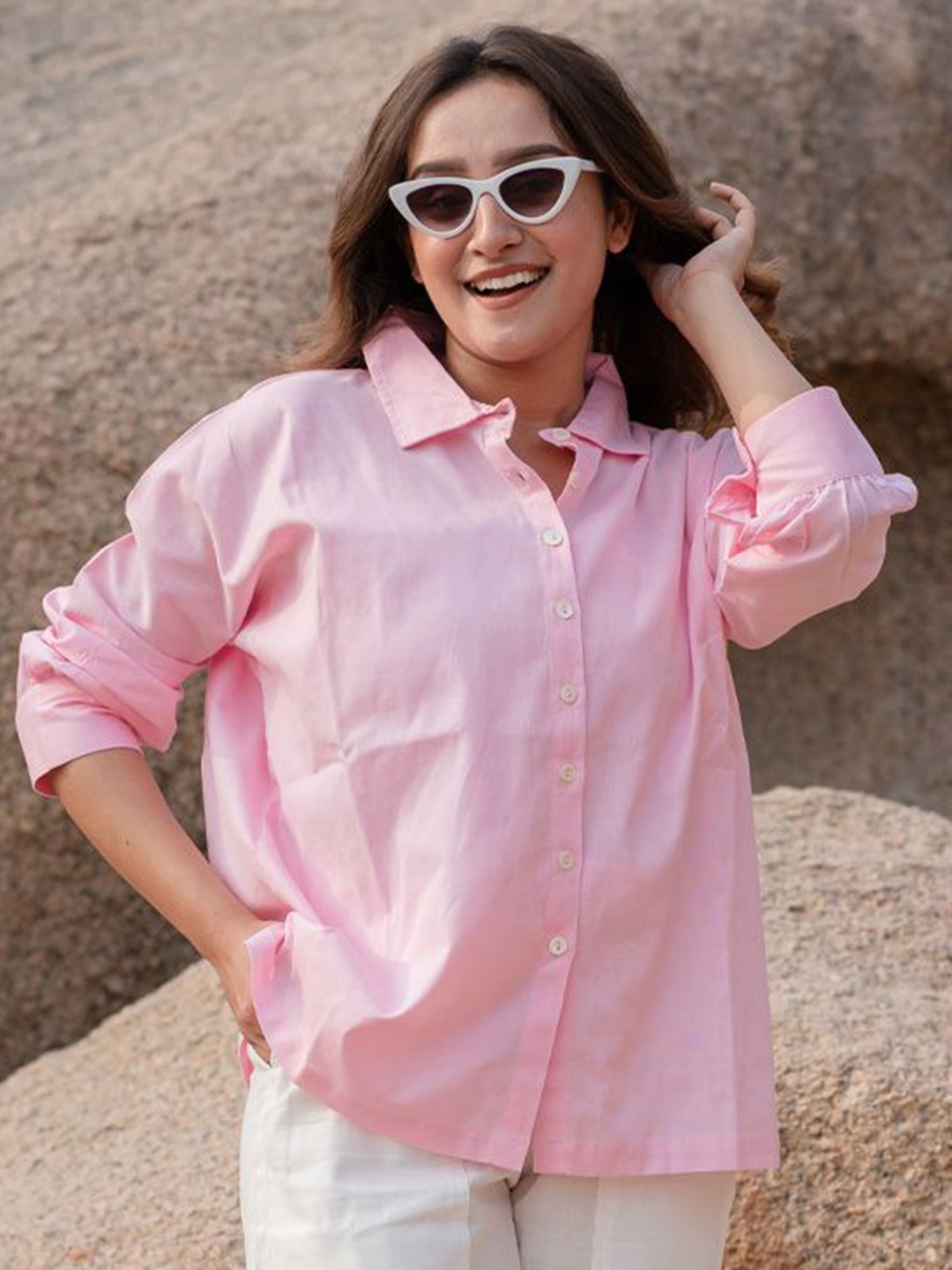 

Babli Women Comfort Relaxed Fit Spread Collar Solid Cotton Casual Shirt, Pink