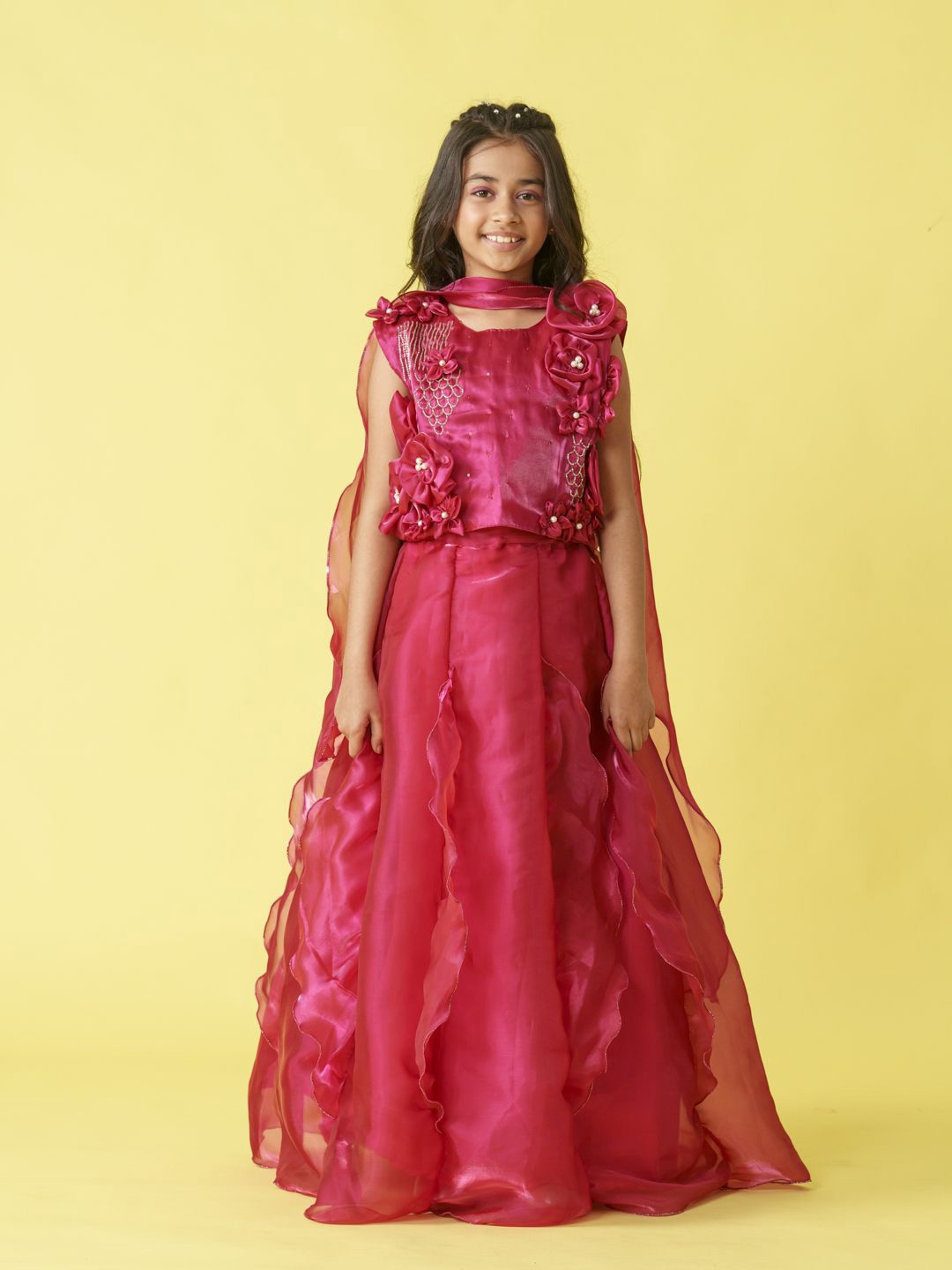 

Sangria Girls Beads And Stones Frill Lehenga And Choli With Dupatta, Pink