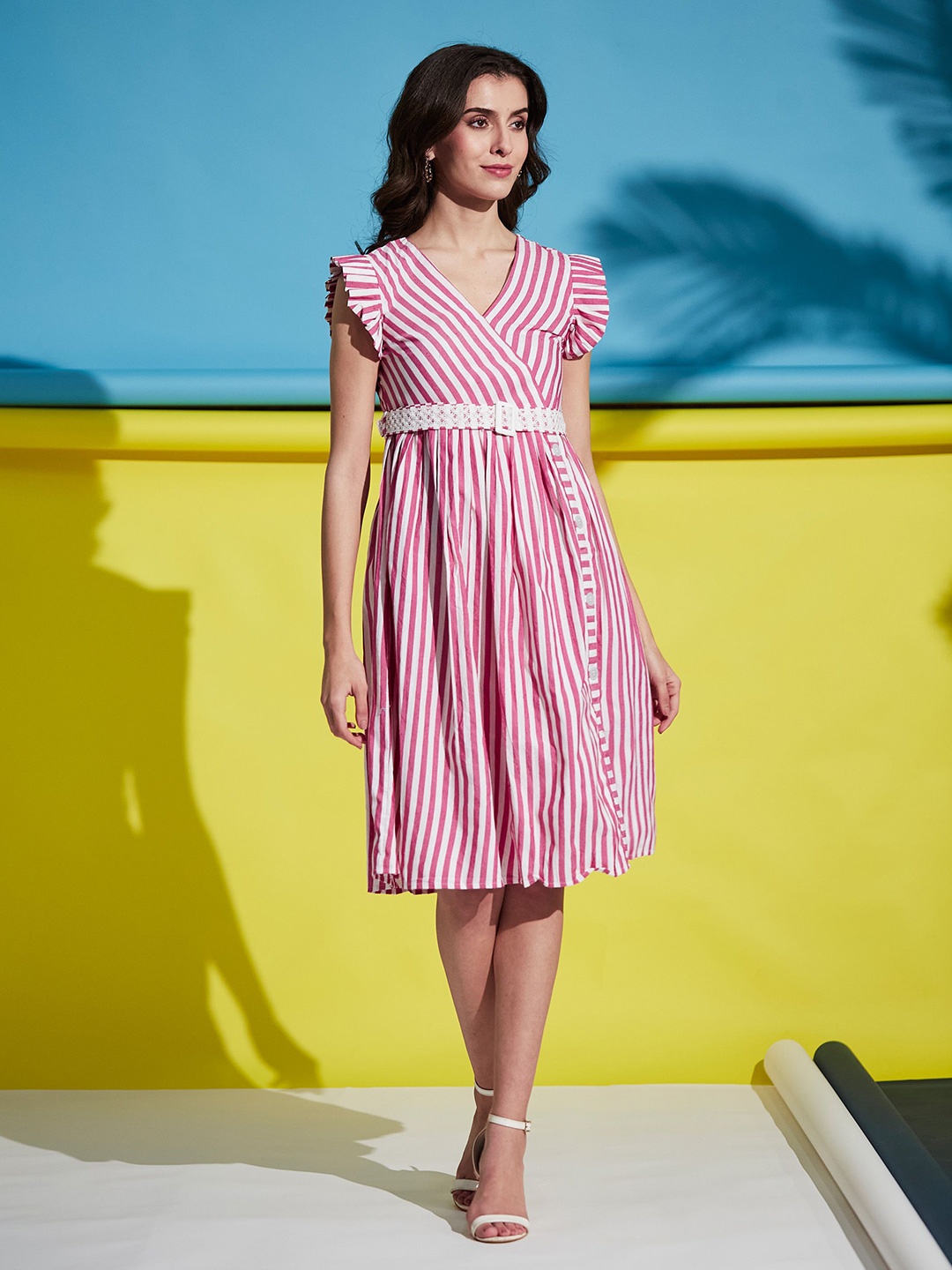

YANAMORA Women Striped Cape Sleeve Fit & Flare Belted Dress, Pink