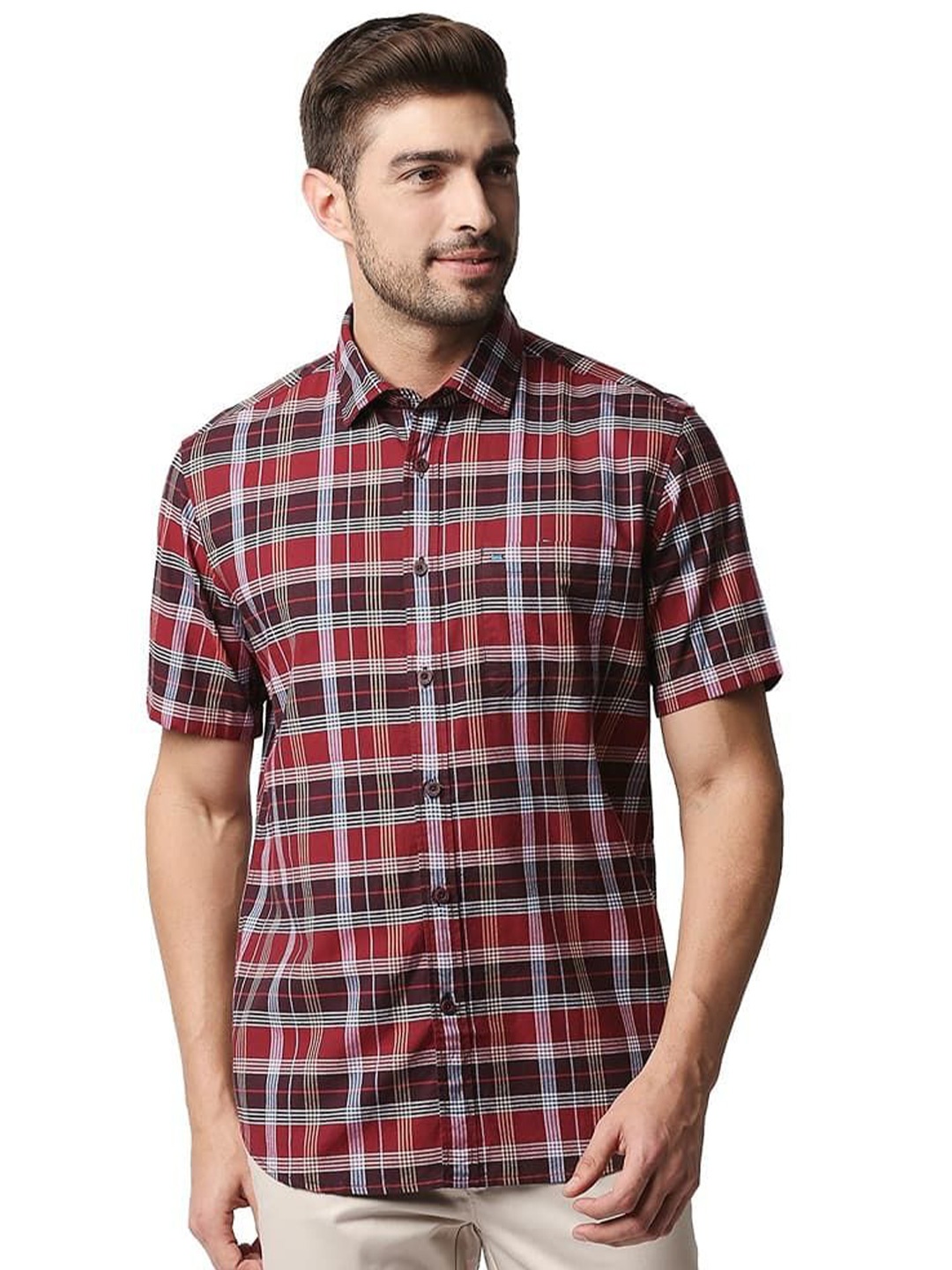 

Basics Men Relaxed Fit Spread Collar Tartan Checked Cotton Casual Shirt, Maroon