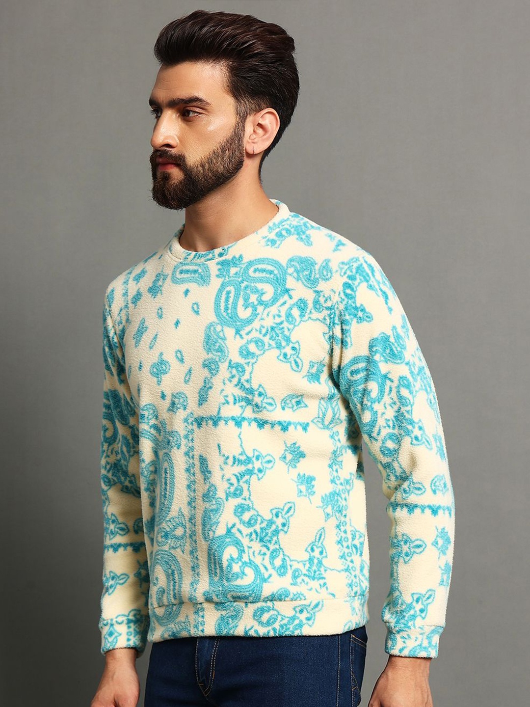 

OGEN Men Printed Sweatshirt, Turquoise blue