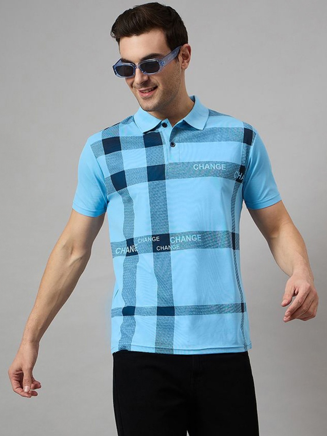 

BRONATION Men Checked Polo Collar Cotton T-shirt, Turquoise blue