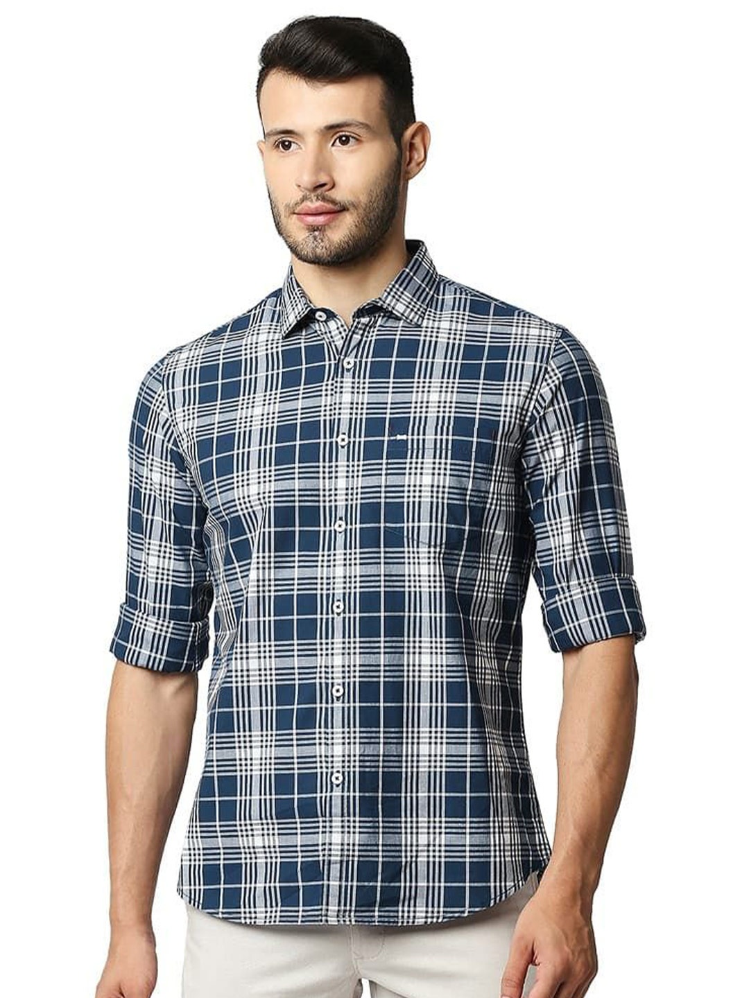 

Basics Men Relaxed Fit Spread Collar Tartan Checked Cotton Casual Shirt, Navy blue