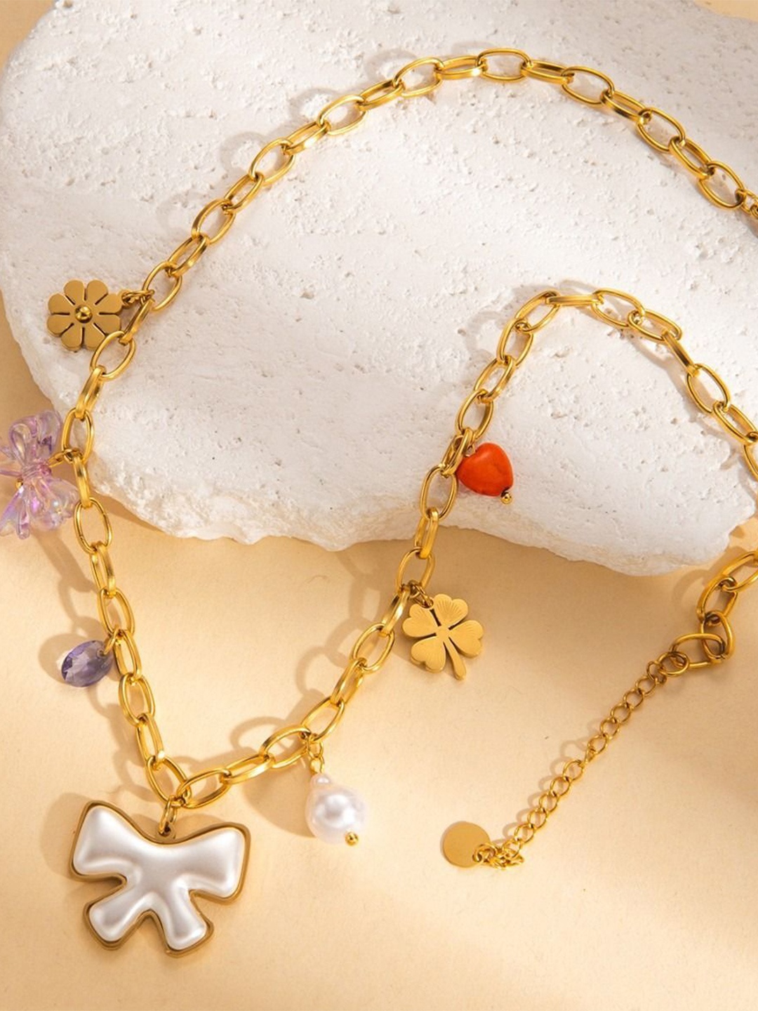 

VIEN Stainless Steel Gold-Plated Unique Multiple Charm Beaded Minimal Necklace