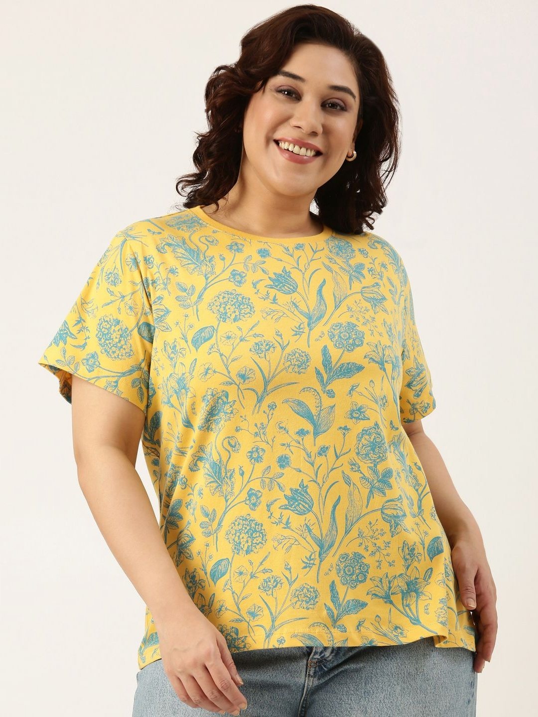 

MARCA Bold Women Plus Size Floral Printed Round Neck Cotton T-shirt, Yellow