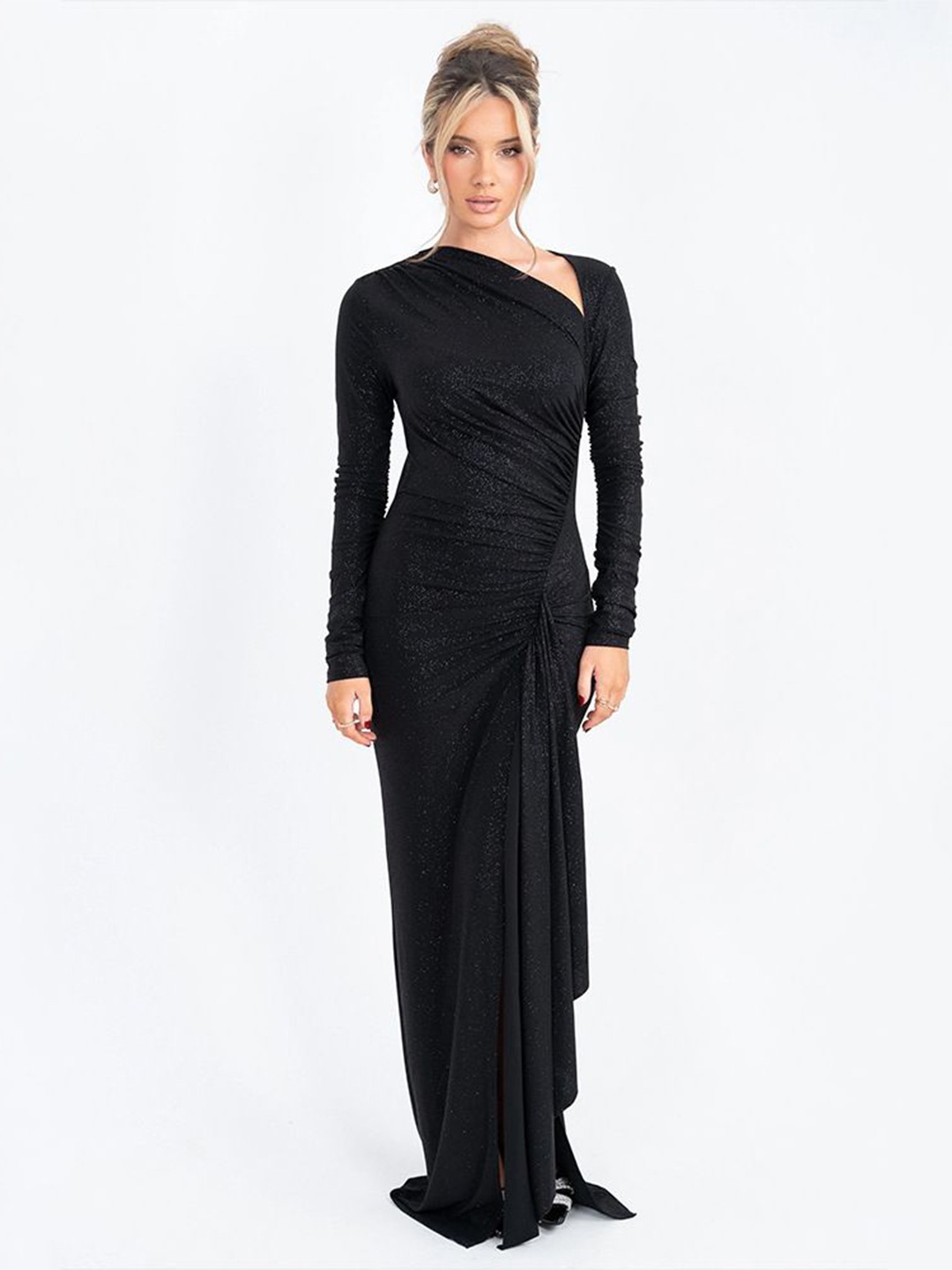 

MIAKEE Women Asymmetric Neck Maxi Dress, Black