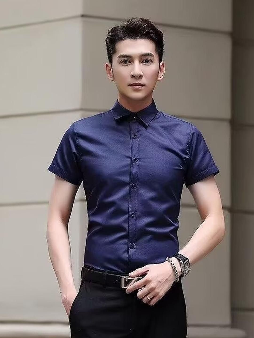 

StyleCast Men Spread Collar Solid Casual Shirt, Navy blue