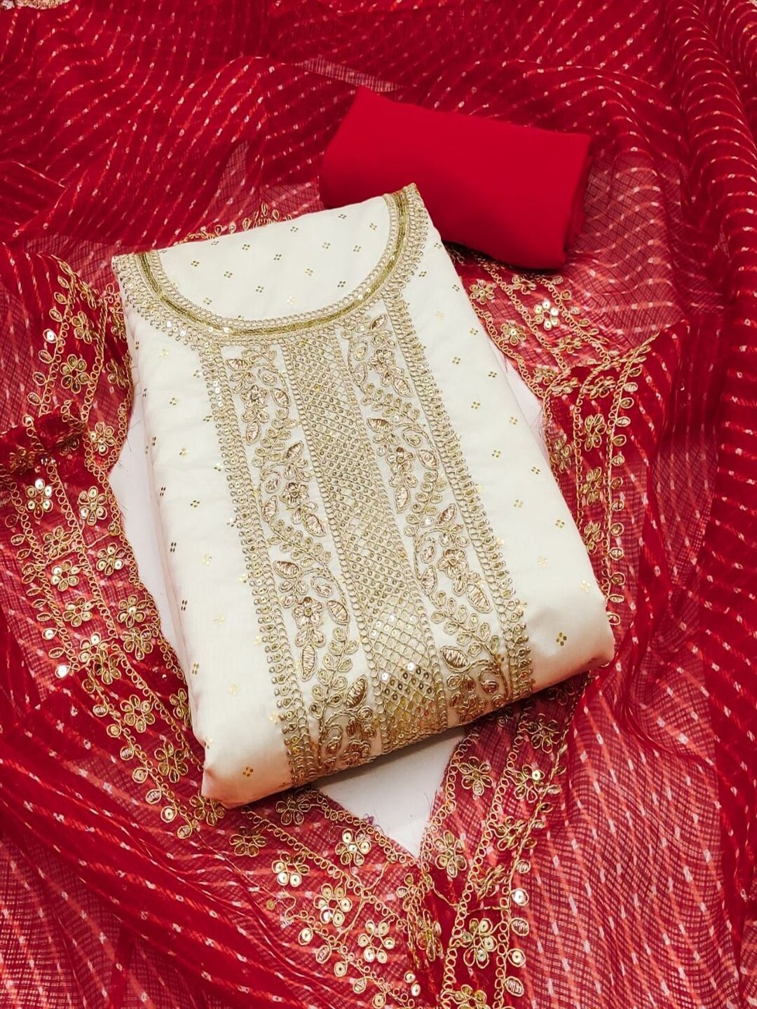 

SHIJILA Ethnic Motifs Embroidered Poly Silk Unstitched Dress Material, Red
