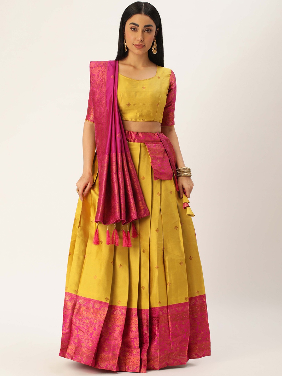 

DIVASTRI Woven Design Zari Silk Semi-Stitched Lehenga & Unstitched Blouse With Dupatta, Yellow