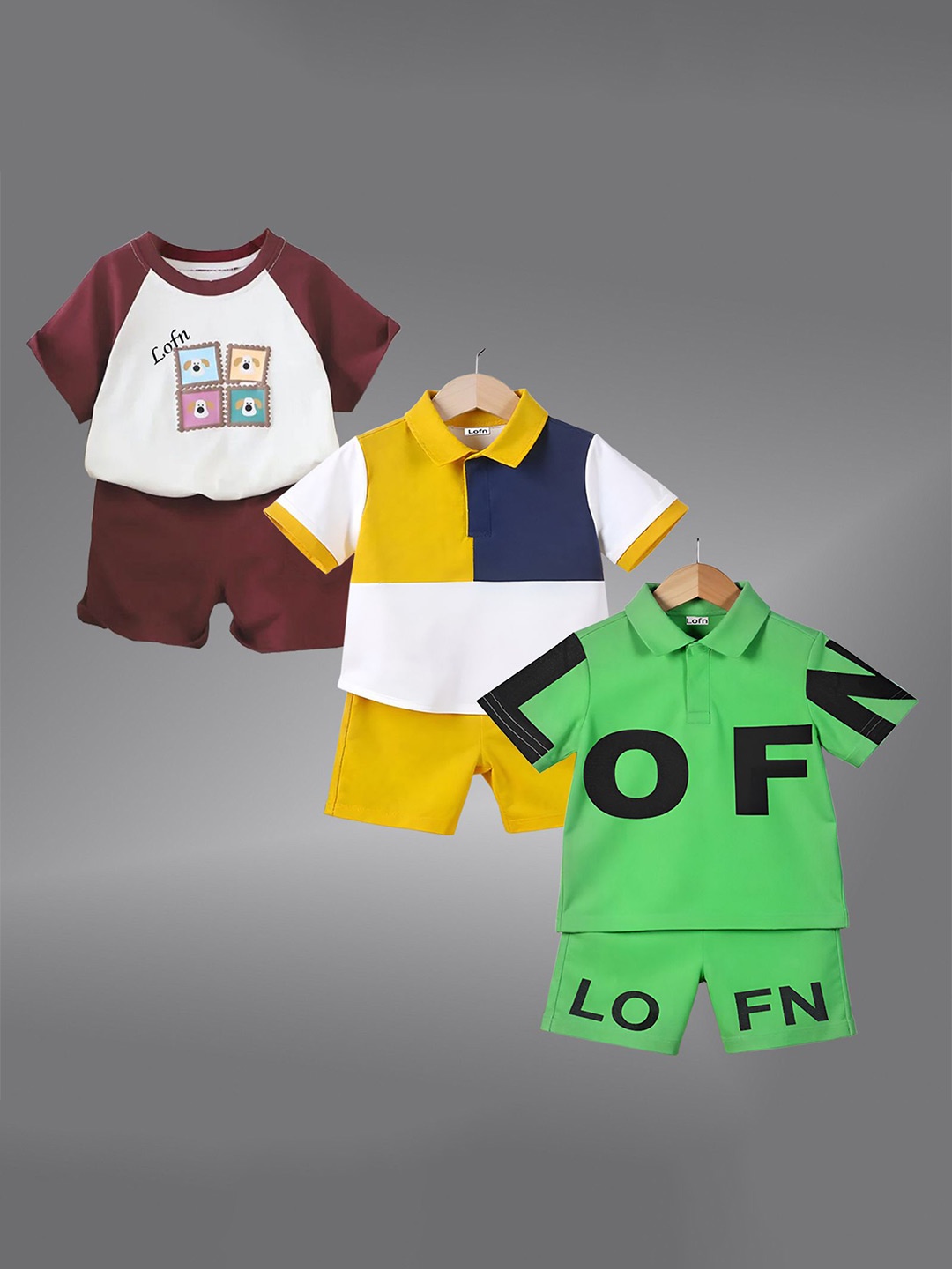 

Lofn Kids Pack Of 3 Printed Pure Cotton T-Shirts With Shorts, Green