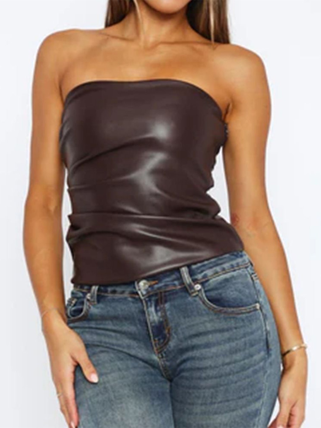 

MIAKEE Women Coated Tube Top, Brown