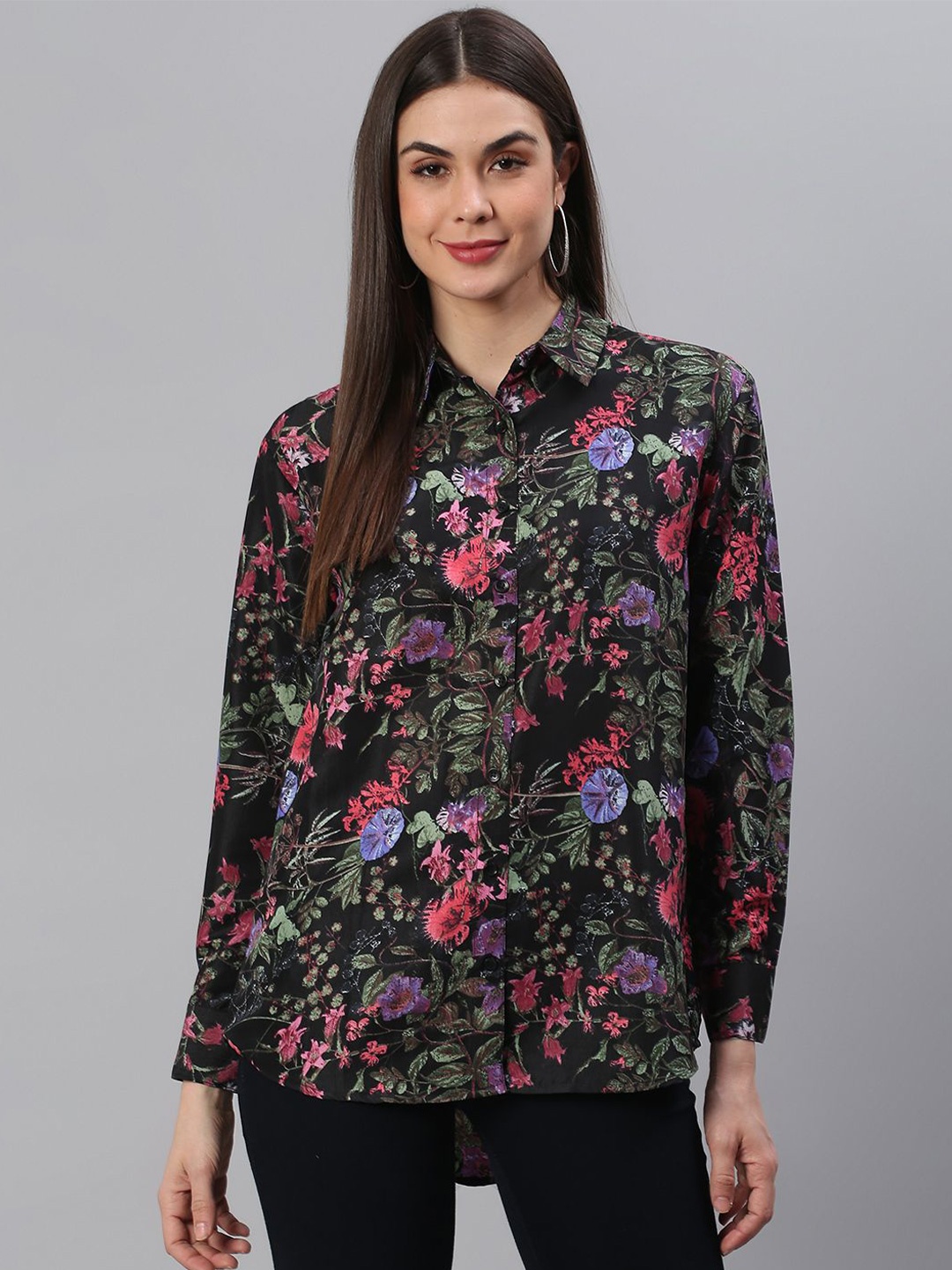 

Moda Rapido Women Comfort Fit Spread Collar Floral Printed Casual Shirt, Black
