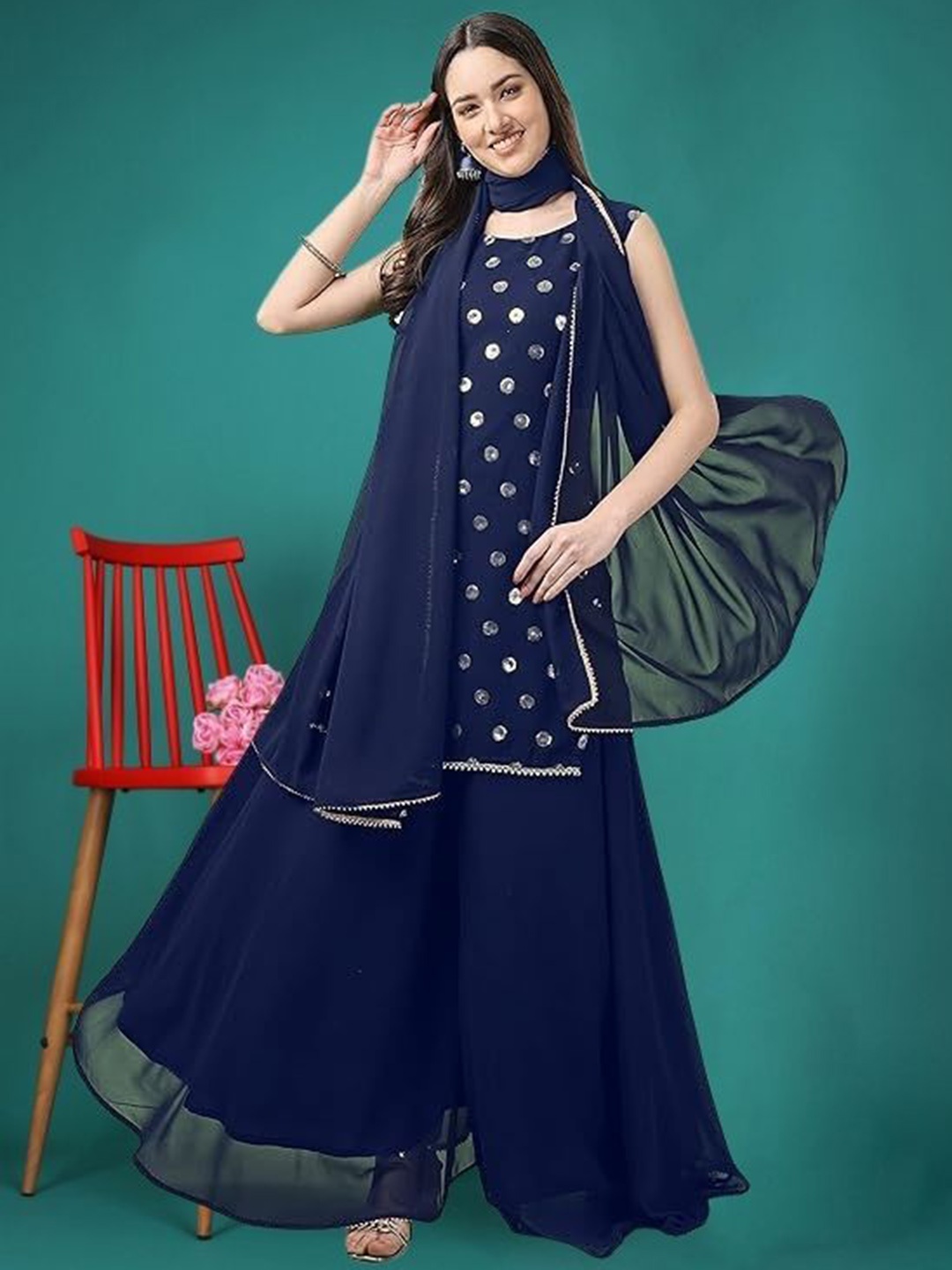 

PARROT CREATION Geometric Embroidered Sequinned Georgette Kurti with Sharara And Dupatta, Navy blue