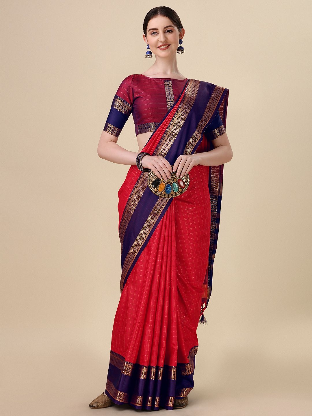 

DIVASTRI Checked Zari Mysore Silk Saree, Red