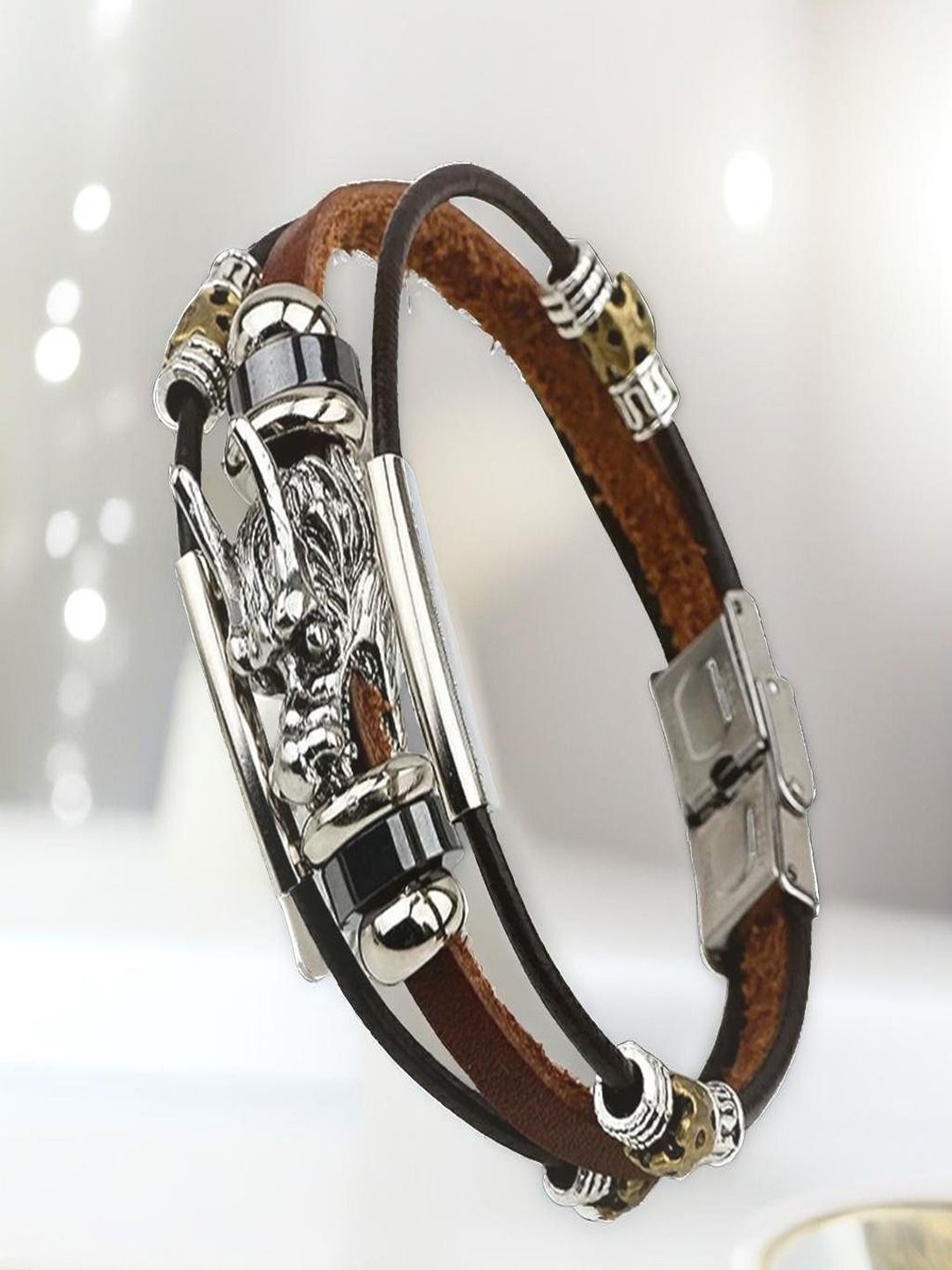 

The Roadster Silver Plated Dragon Head Triple Strands Leather Bracelet