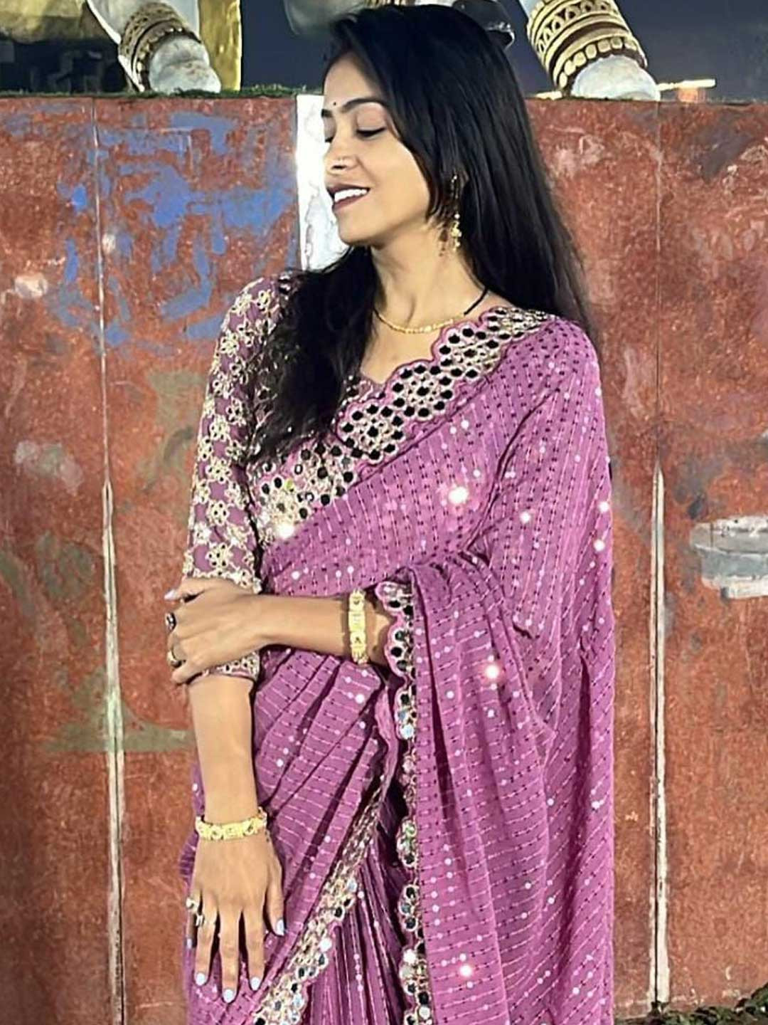

MANSUBHA Embellished Beads and Stones Pure Georgette Designer Banarasi Saree, Pink