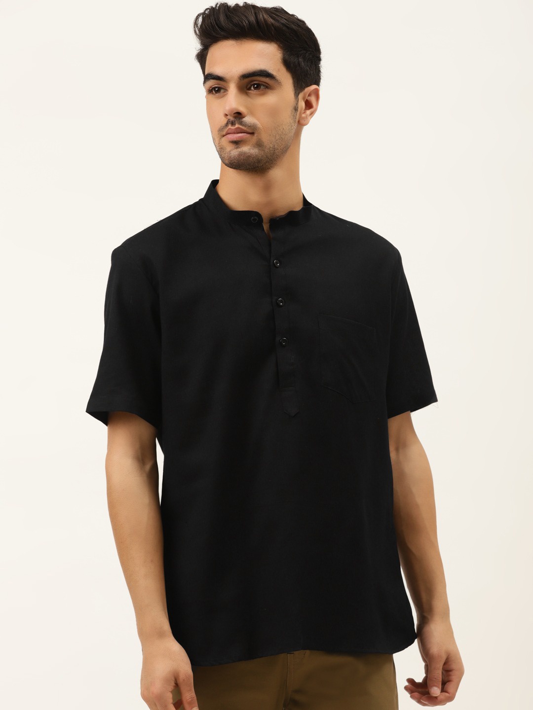 

RAJUBHAI HARGOVINDAS Band Collar Short Sleeves Short Kurta, Black