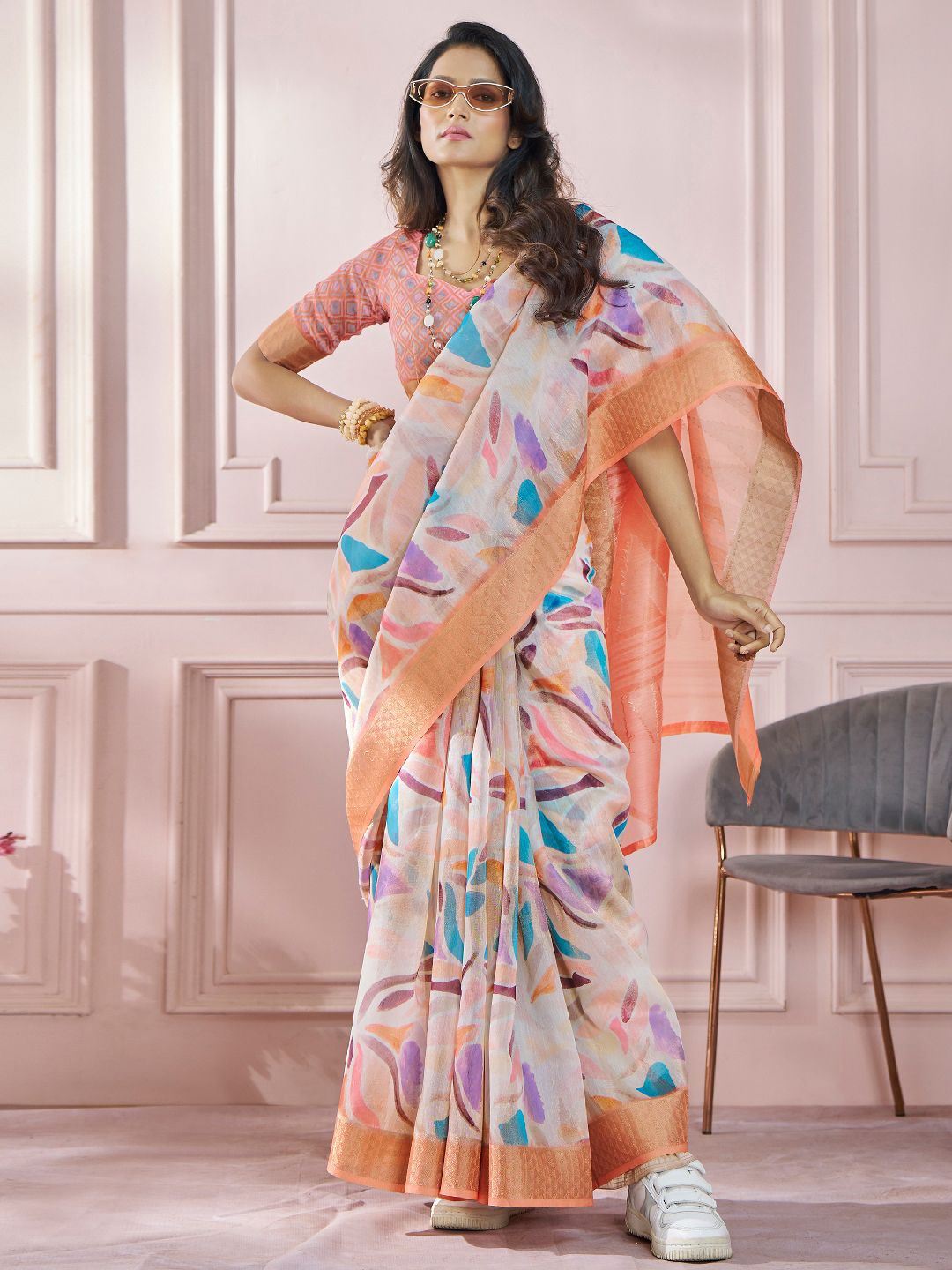 

LeeliPeeri Abstract Printed Woven Design Zari Saree, Orange