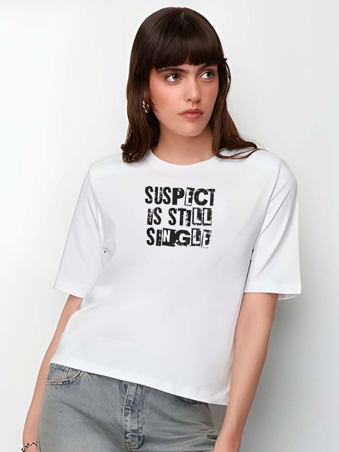 

SZN Women Typography Printed Round Neck Cotton T-shirt, White