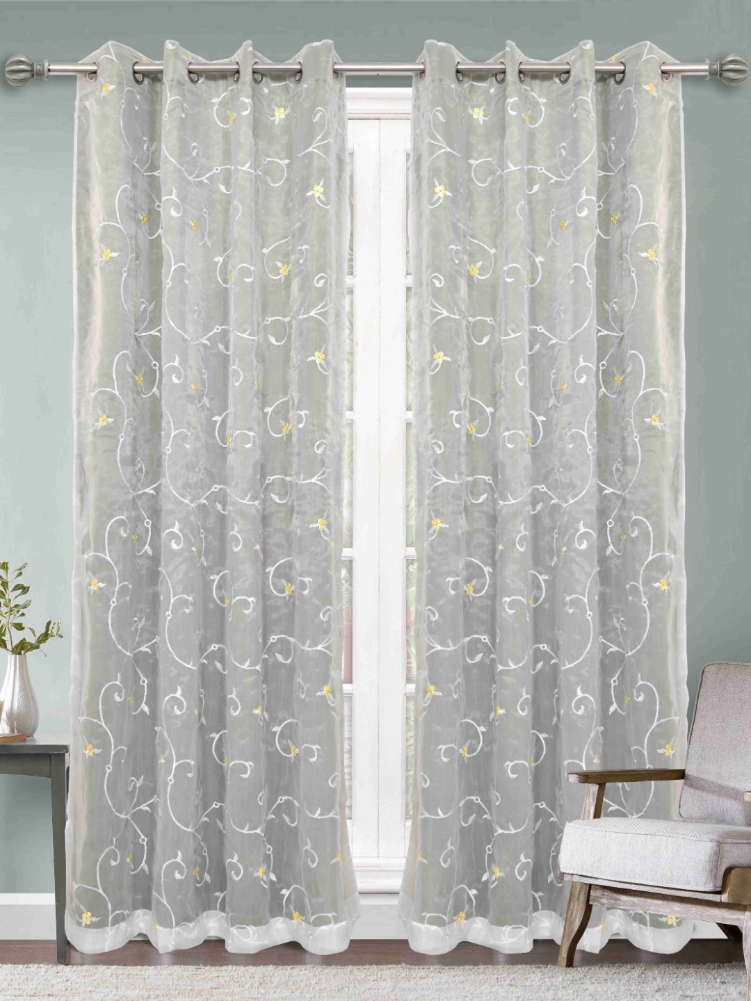 

Aura Grey And White 2 Pieces Embroidered Long Door Rod Pocket Velvet Curtains