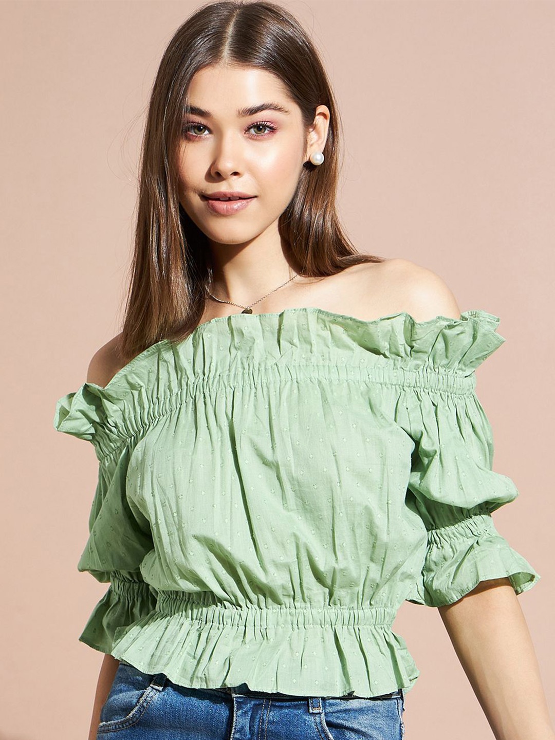 

DressBerry Off-Shoulder Bell Sleeve Bardot Crop Top, Green