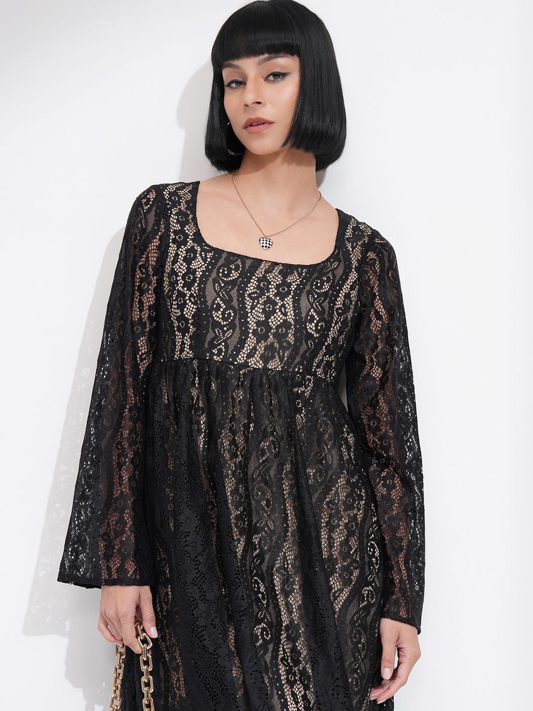 

Tokyo Talkies Women Lace Fit Flare Mini Dress, Black