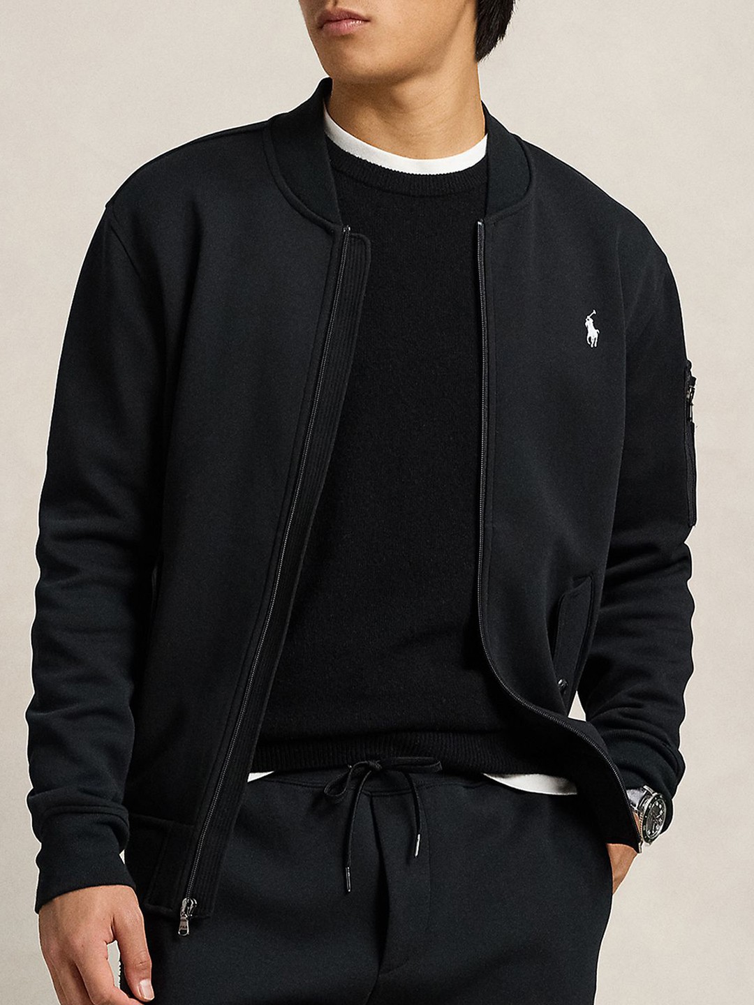 

Polo Ralph Lauren Men Spread Collar Solid Cotton Casual Bomber Jacket, Black