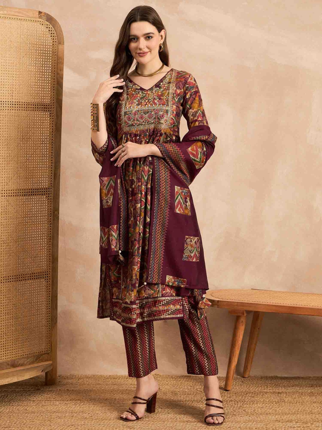 

CHETI Geometric Printed Pleated Chanderi Silk Straight Kurta with Trousers & Dupatta, Maroon