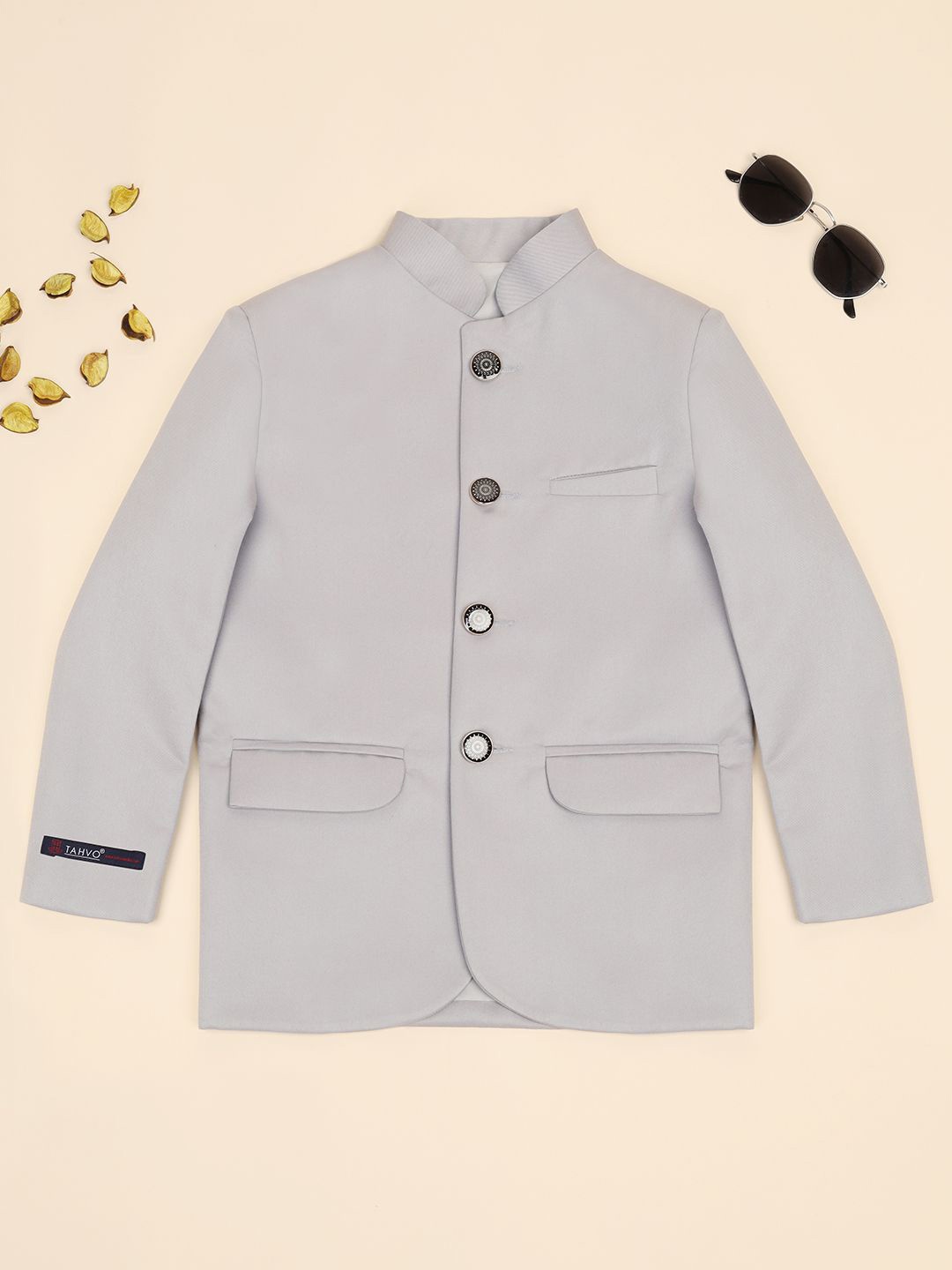 

TAHVO Boys Mandarin Collar Bandhgala Blazer, Grey