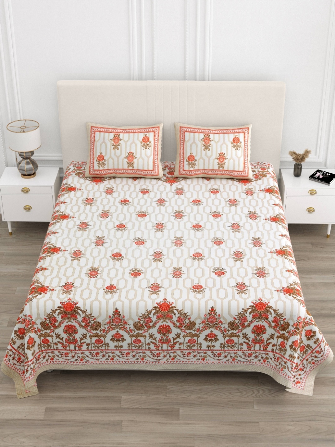 

JAIPUR PRIME Magnet White Printed Pure Cotton 180TC King Bedsheet Set 2.74m x 2.54m