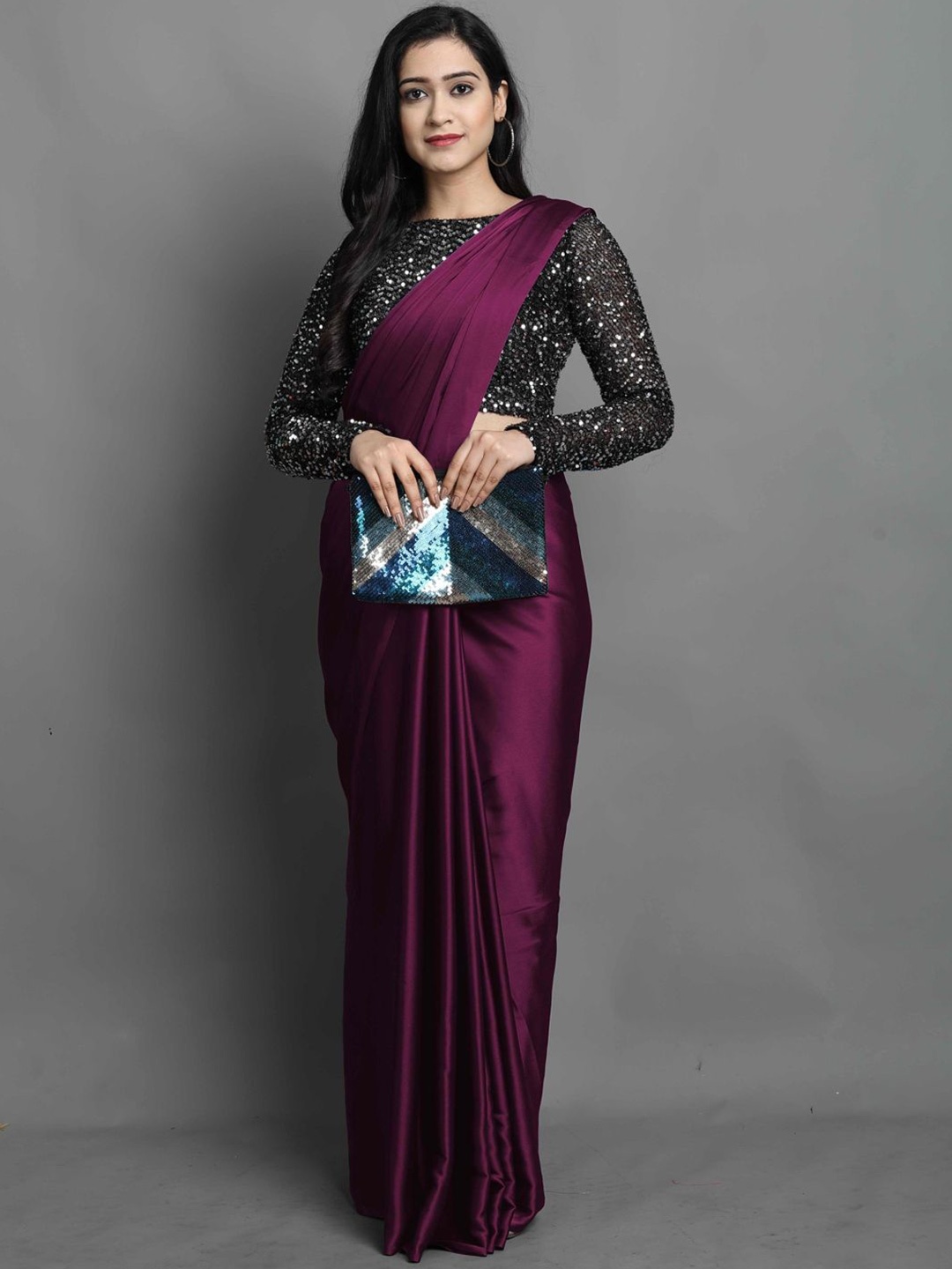 

DIVASTRI Satin Saree With Sequinned Blouse, Purple