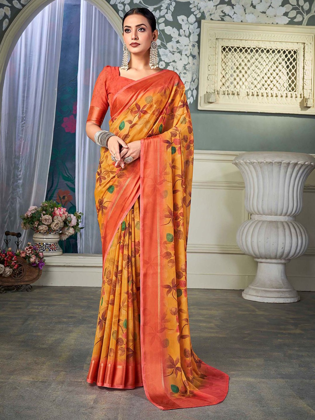 

Mitera Floral Zari Pure Chiffon Saree, Yellow