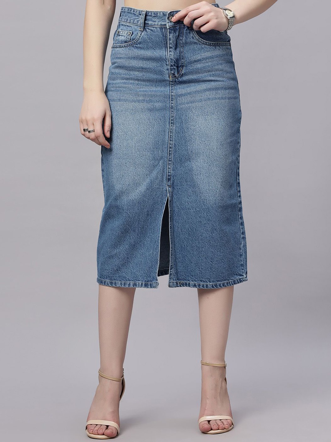 

ZUYA Stone Blue Whisker Denim Women Skirt Modern Wardrobe Essential