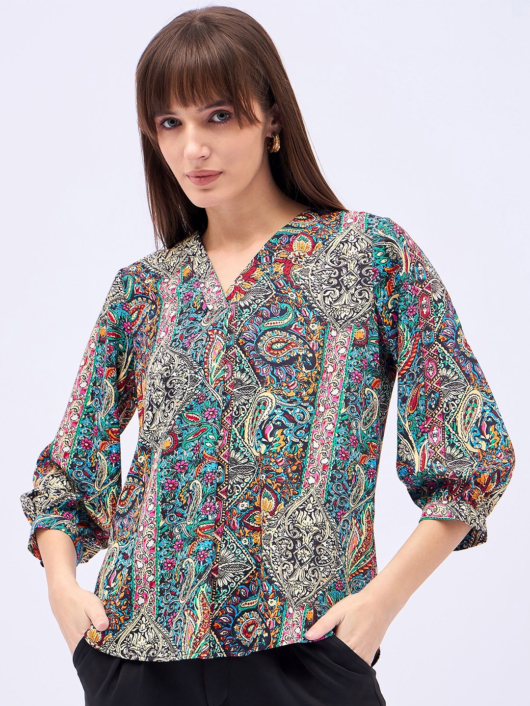 

DressBerry Women Ethnic Motifs Printed V-Neck Satin Top, Blue