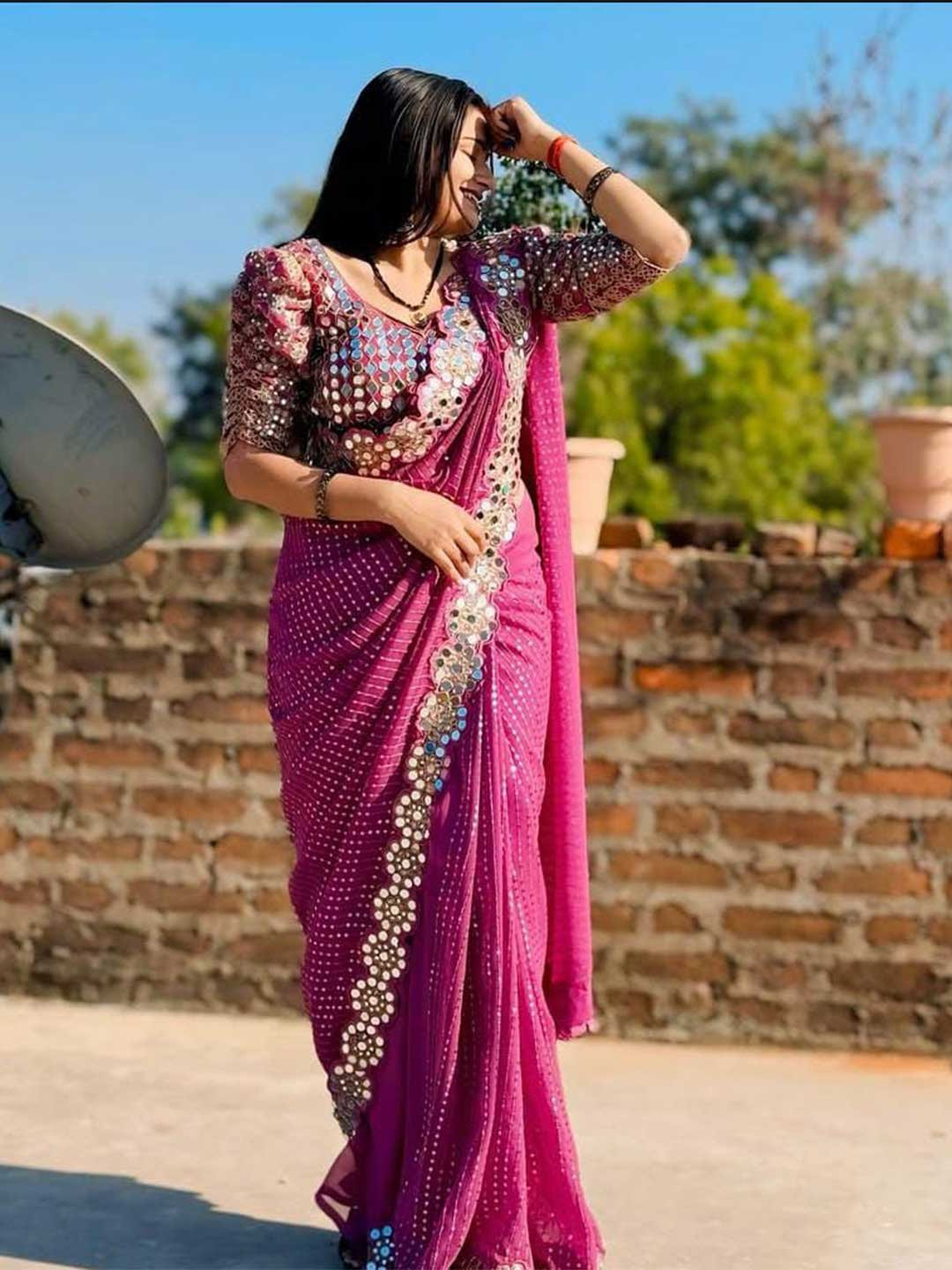 

MANSUBHA Embellished Pure Georgette Banarasi Saree, Pink