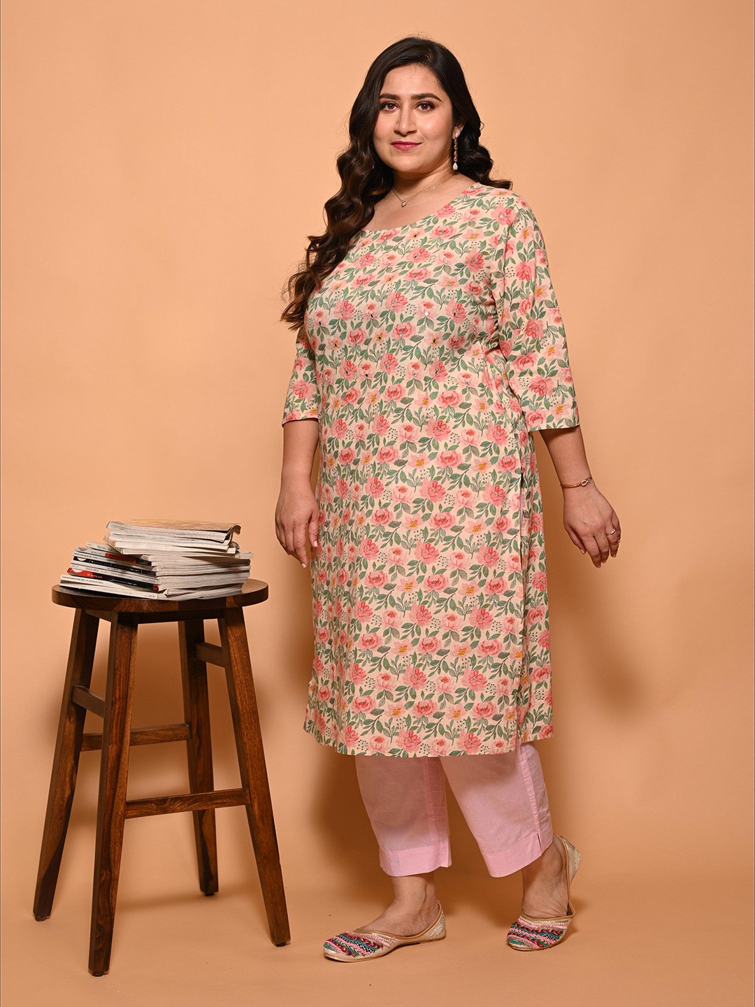 

GATIM Plus Size Floral Printed Round Neck Pure Cotton Straight Kurta, Beige