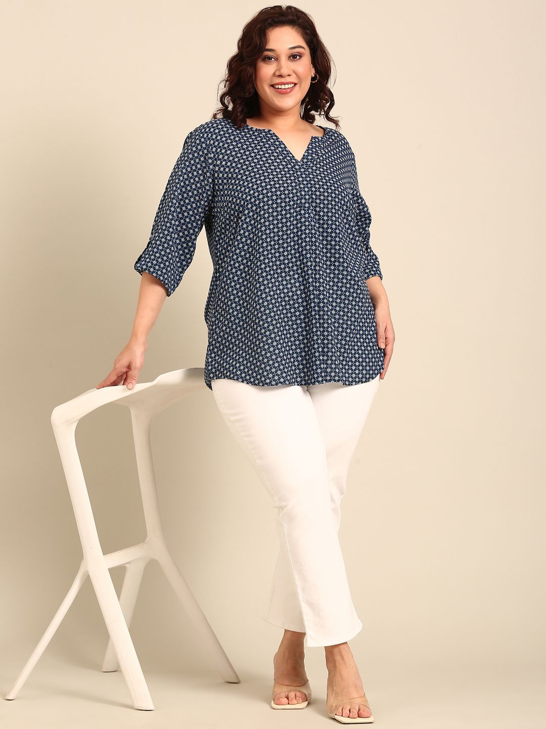 

The Pink Moon Navy Geometric Print Top, Navy blue