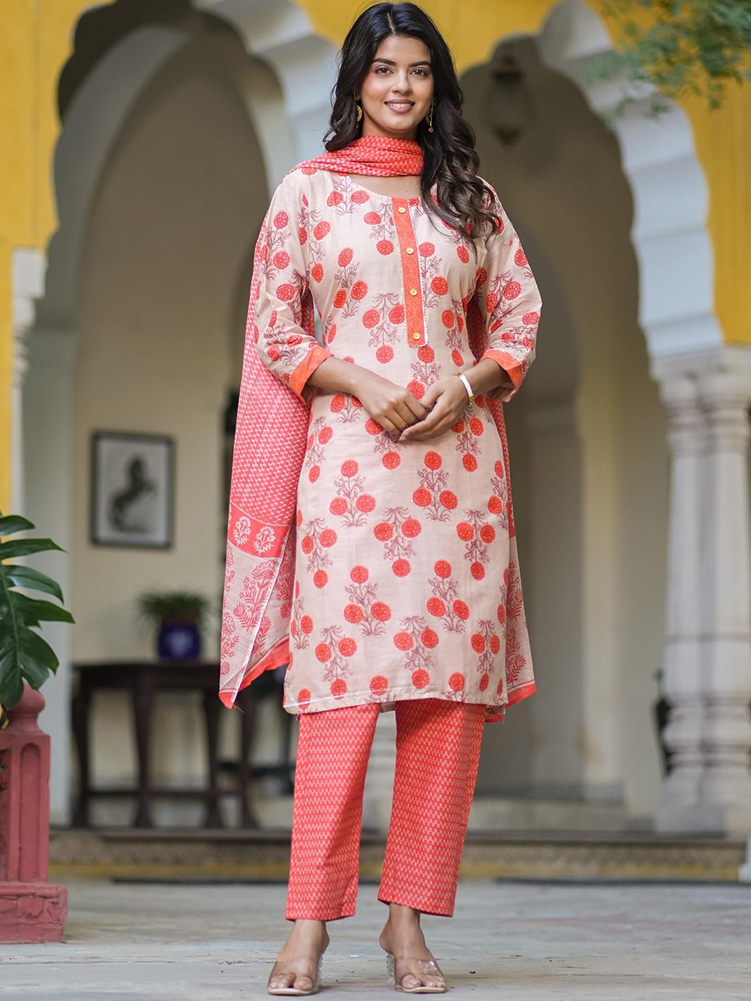

Moda Rapido Orange Floral Printed Raw Silk Straight Kurta With Trousers And Dupatta