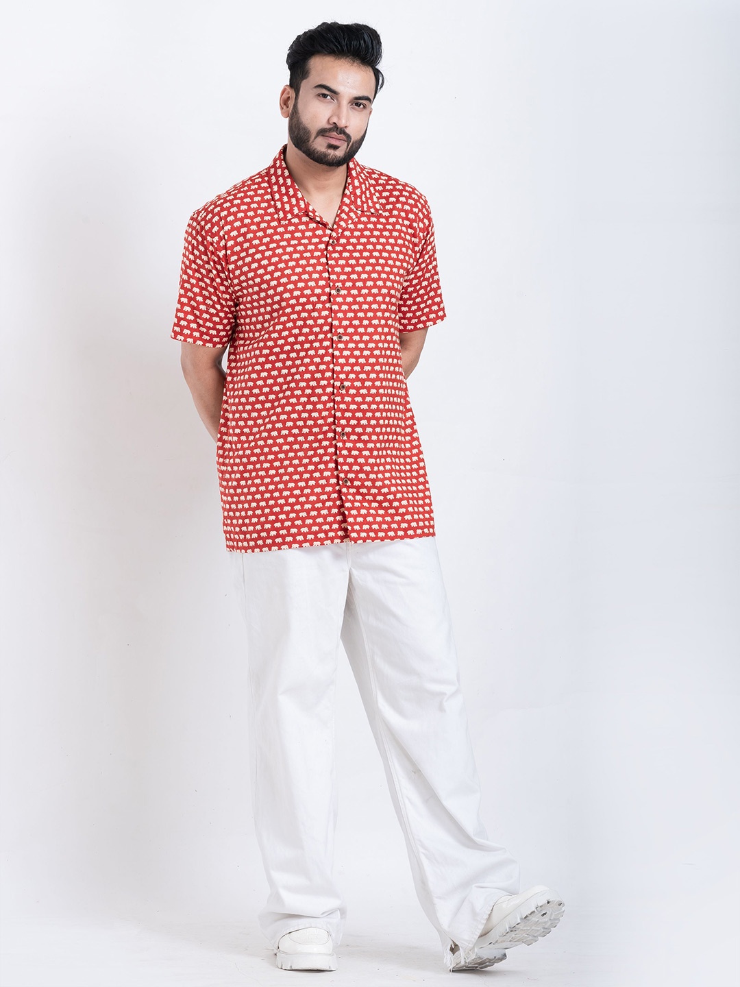 

Kartikeya Jaipur Men Straight Fit Cuban Collar Conversational Printed Cotton Casual Shirt, Red