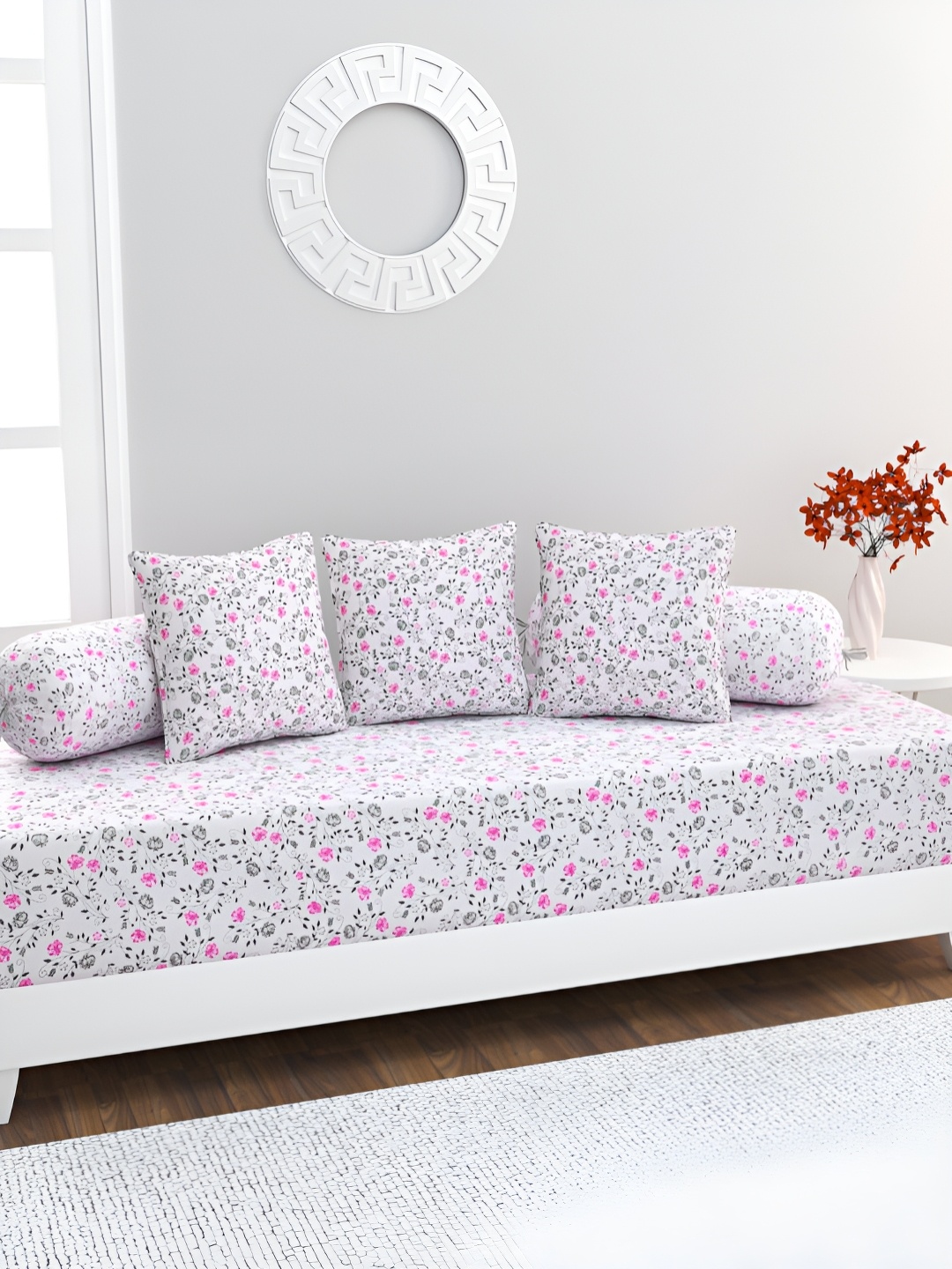 

HOME AFFAIRS White & Pink 6 Pcs Floral Printed Cotton 160 TC Single Diwan Set