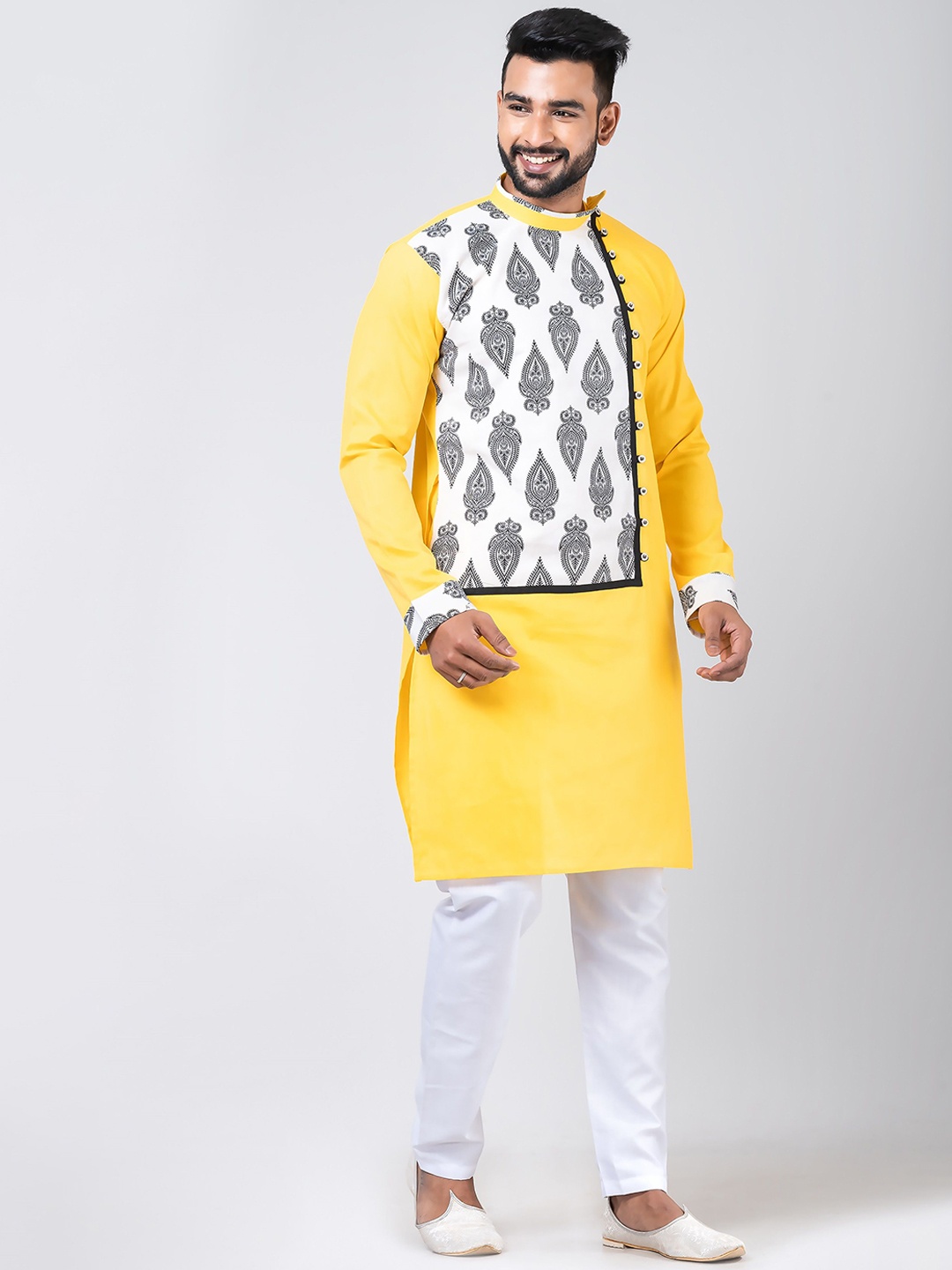 

Rainbow Cloths Ethnic Motifs Printed Mandarin Collar Straight Kurta, Yellow