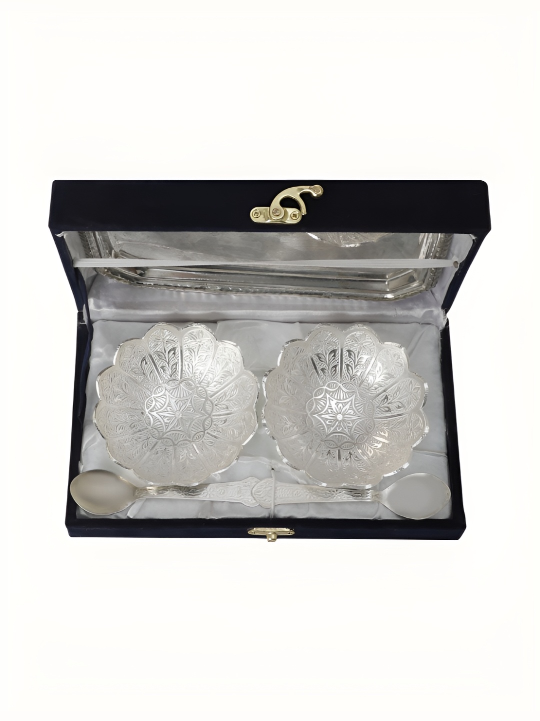 

INTERNATIONAL GIFT Silver-Toned 6 PCS Textured Bowl Set With Tray & Spoons With Velvet Box
