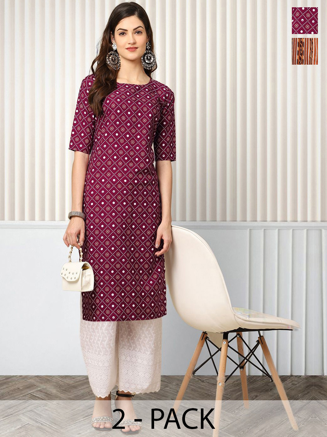 

Moda Rapido Pack of 2 Printed Round Neck Straight Kurtas, Brown