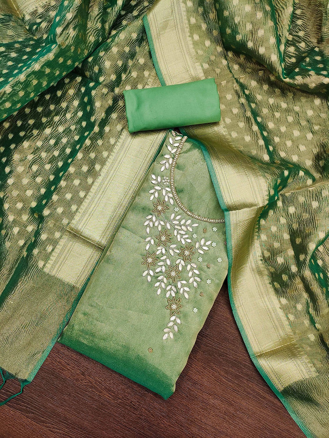 

HERE&NOW Gotta Patti Embroidered Unstitched Dress Material, Green
