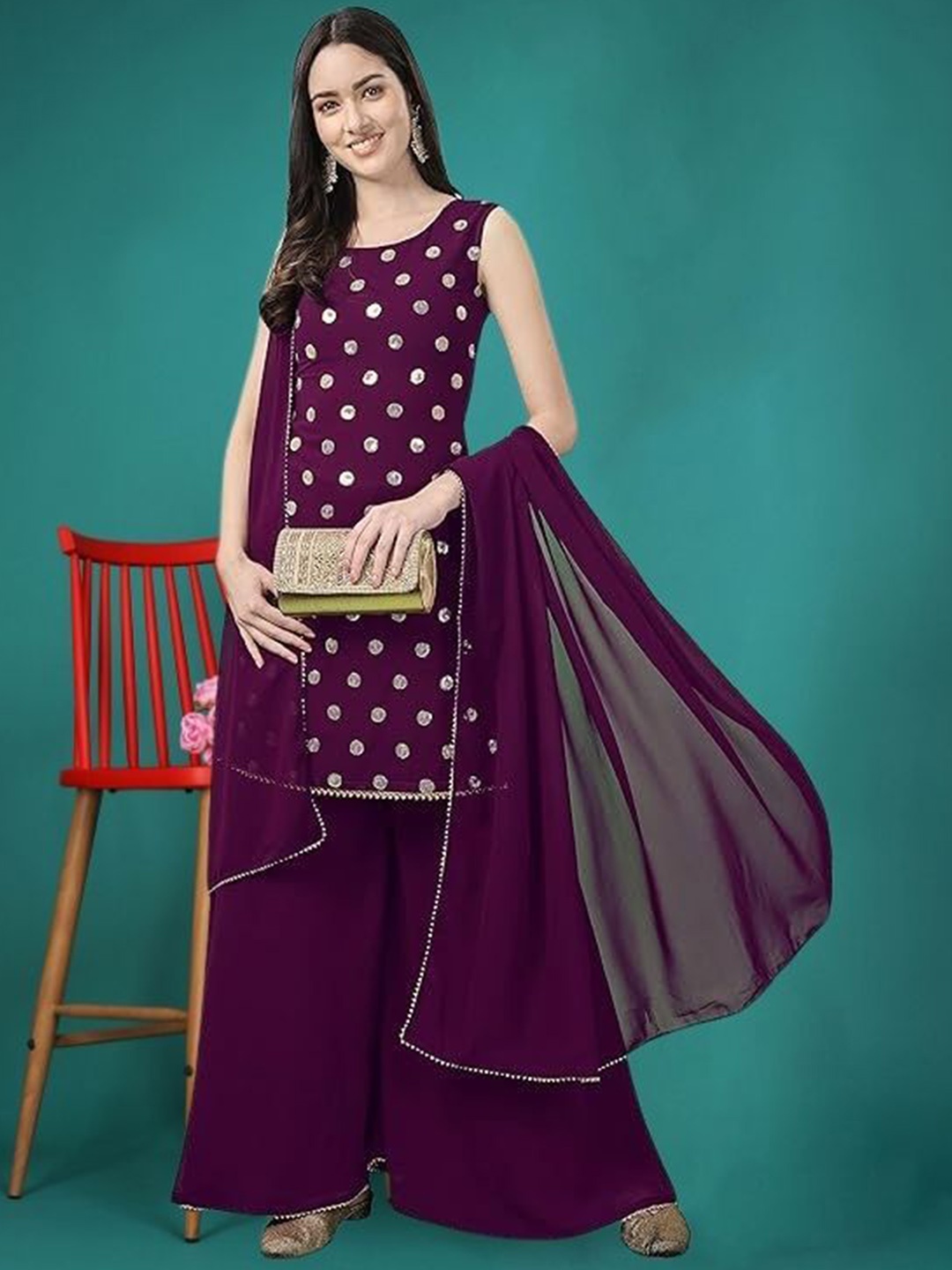 

PARROT CREATION Geometric Embroidered Sequinned Georgette Kurti with Sharara And Dupatta, Purple