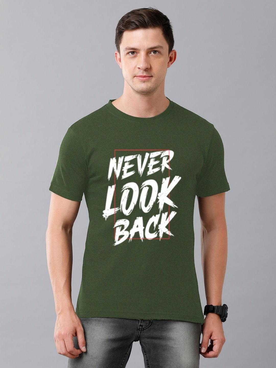 

Moda Rapido Men Typography Printed Round Neck Cotton T-shirt, Olive