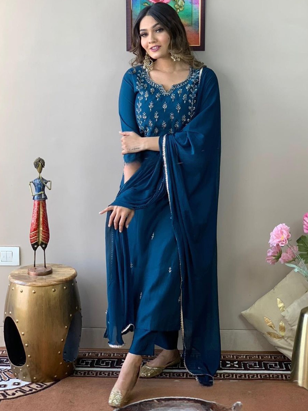 

KALINI Floral Embroidered Notch Neck Straight Kurta With Trousers And Dupatta, Blue